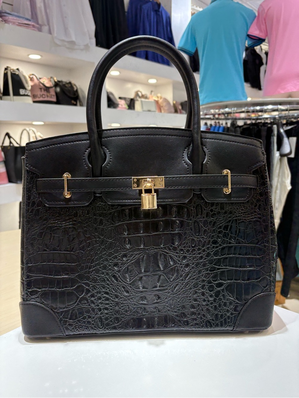 Structured Black Croc-Embossed Satchel with Gold-Tone Lock
